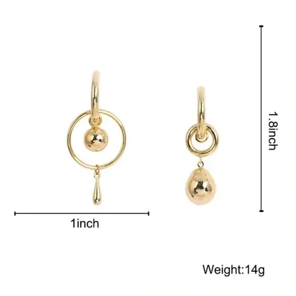 Gold Plated Mismatched Metal Ball Dangle Drop Earrings - Picture 10 of 10